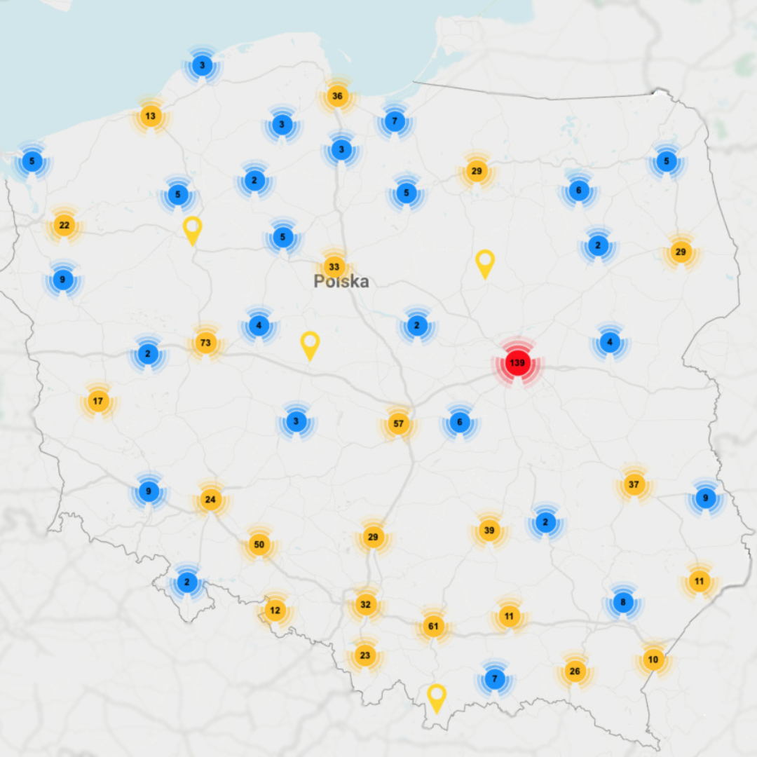 mapa Polski z oznaczonymi punktami pomocy dla uchodźców