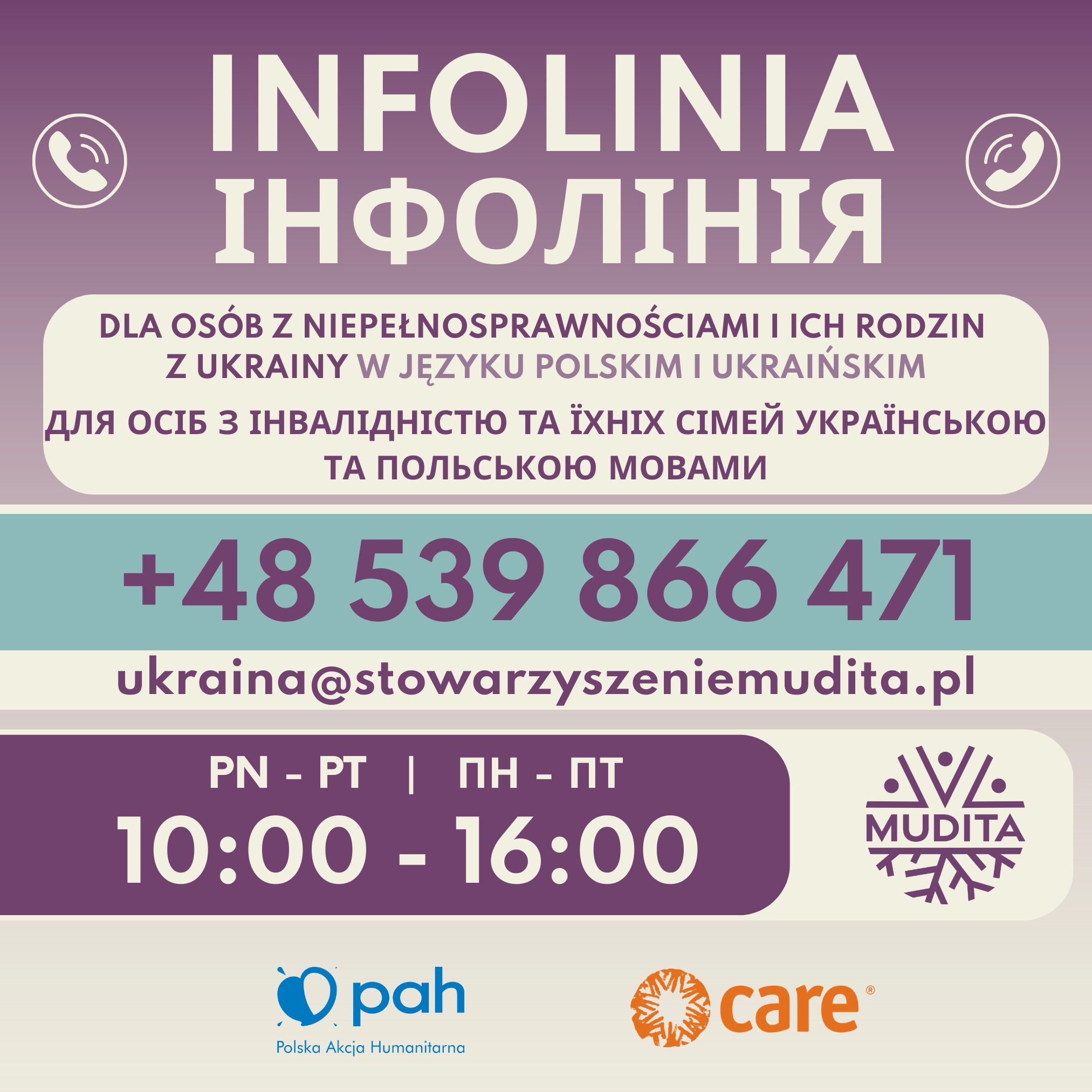 grafika mudita infolinia dla osób z niepełnosprawnościami z Ukrainy