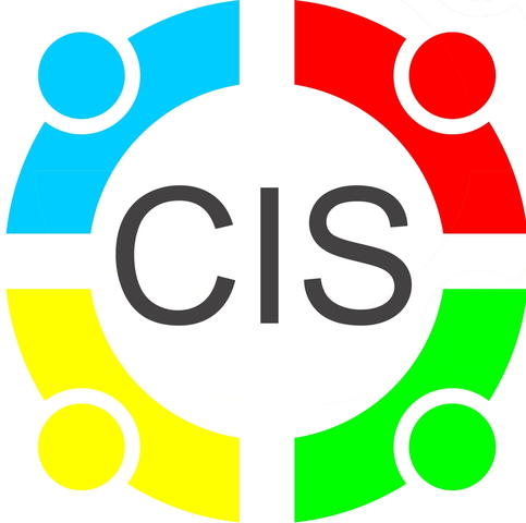 Logo CIS z kolorowymi łukami i kropkami.