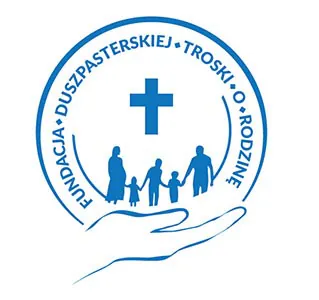 Fundacja Duszpasterskiej Troski o Rodzinę – logo z krzyżem i rodziną w dłoniach.