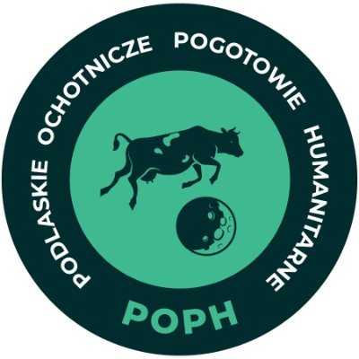 Logo POPH: krowa skacząca nad księżycem, napis Podlaskie Ochotnicze Pogotowie Humanitarne