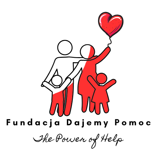Rodzina z sercem-balonem, logo Fundacji Dajemy Pomoc.