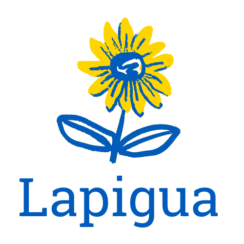 Chabrowo-żółty słonecznik nad napisem Lapigua.