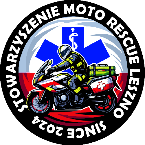 Okrągłe logo Stowarzyszenia Moto Rescue Leszno z ratownikiem na motocyklu na tle niebieskiej gwiazdy życia i flagi Polski.