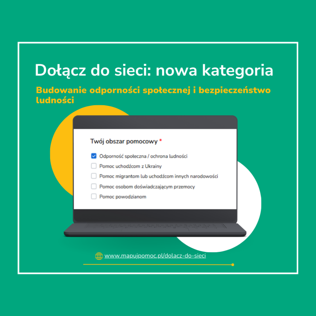 Grafika promująca nową kategorię pomocy w sieci: budowanie odporności społecznej i ochrony ludności.