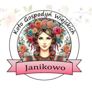Log Koła Gospodyń Wiejskich w Janikowie z ilustracją kobiety w tradycyjnym wianku z kwiatów.