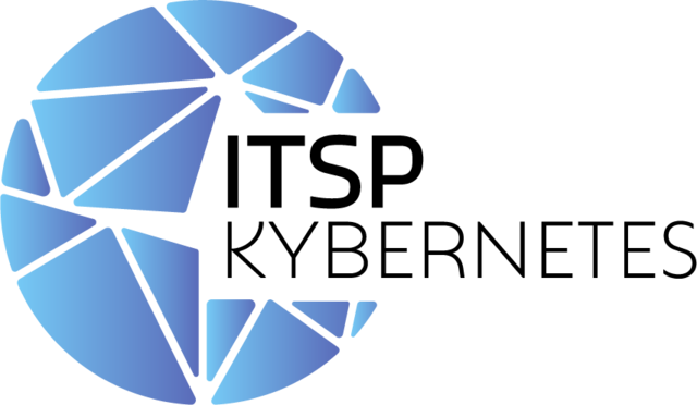 Logo firmy ITSP z nazwą KYBERNETES oraz niebieską ikoną w kształcie kuli z geometrycznym wzorem.