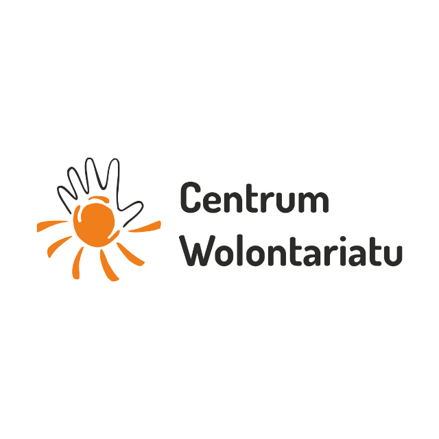 Logo Centrum Wolontariatu: stylizowana dłoń połączona ze słońcem w kolorze pomarańczowym i czarny napis obok.