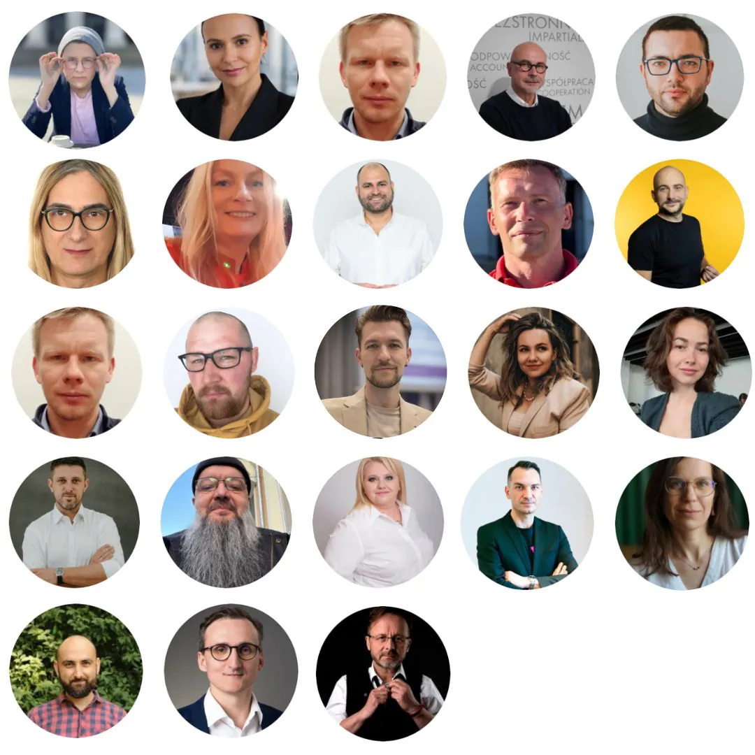 Zbiór dwudziestu dwóch okrągłych zdjęć portretowych różnych osób na jasnym tle.