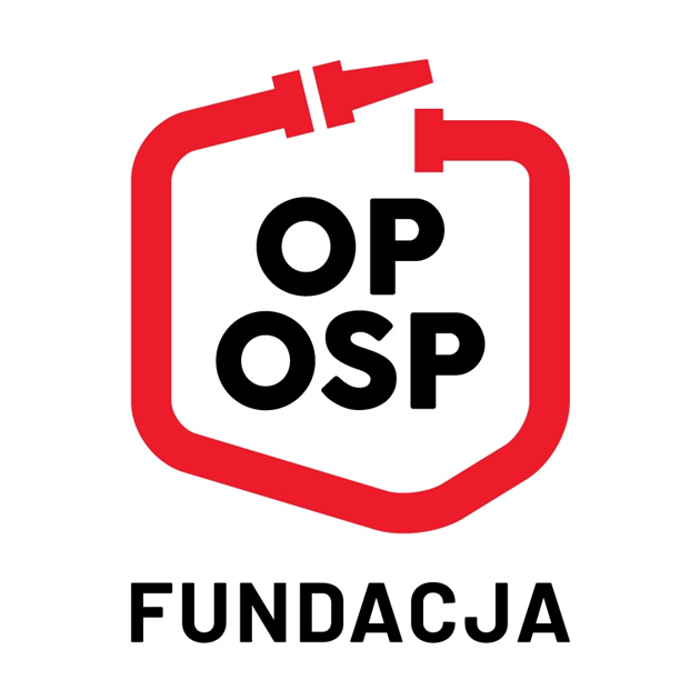 Logo Fundacji OP OSP z czerwonym obrysem węża strażackiego i czarnym napisem na białym tle.