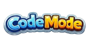Niebiesko-pomarańczowe logo z trójwymiarowym, bąbelkowym napisem „CodeMode”.