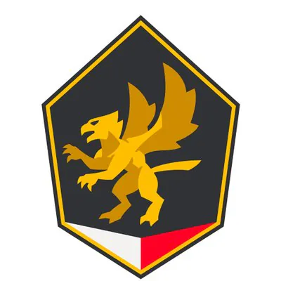 Złoty gryf na czarnym, sześciokątnym tle z biało-czerwonym akcentem u dołu.