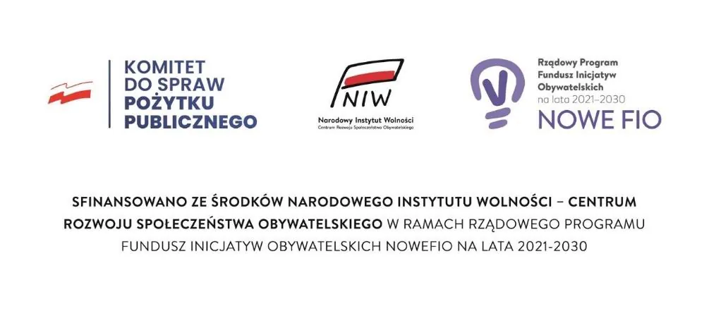 Logotypy Komitetu ds. Pożytku Publicznego, NIW i Nowe FIO z informacją o sfinansowaniu ze środków NIW-CRSO.