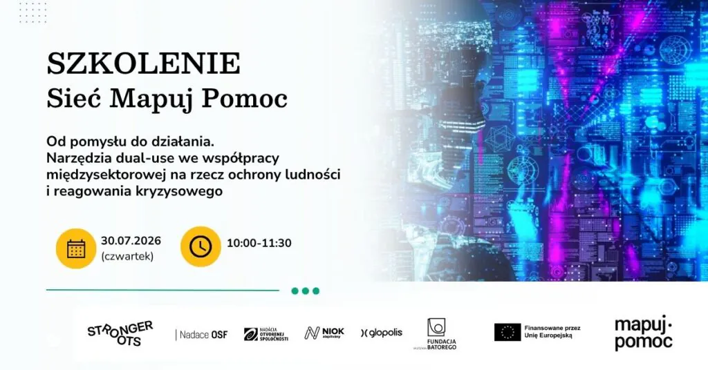 Grafika informacyjna o spotkaniu szkoleniowym dotyczącym narzędzi Dual-use