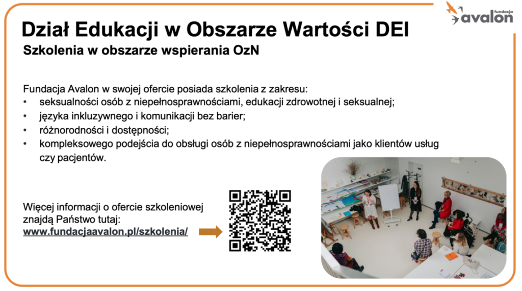 DZiał Edukacji w Obszarze Wartości DEI Fundacji Avalon - slajd informacyjny